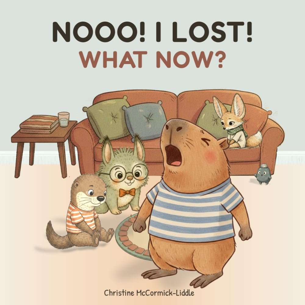 NOOO! I LOST! WHAT NOW? — Fig the capybara mid-howl beside a spilled board game