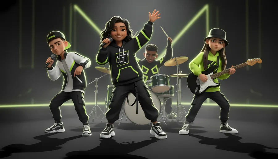 The four members of Snap Street Band on a dark stage in black and neon green